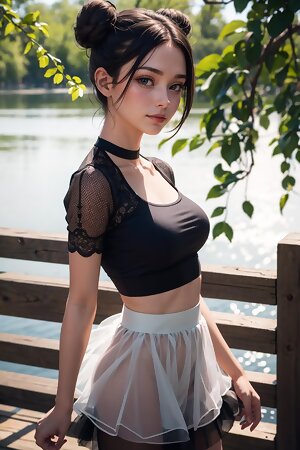 ai created pic of women in a black top and white skirt standing next to a body of water with trees in the background and a wooden fence in the foreground and and a body of water in the foreground with a body of water in the foreground